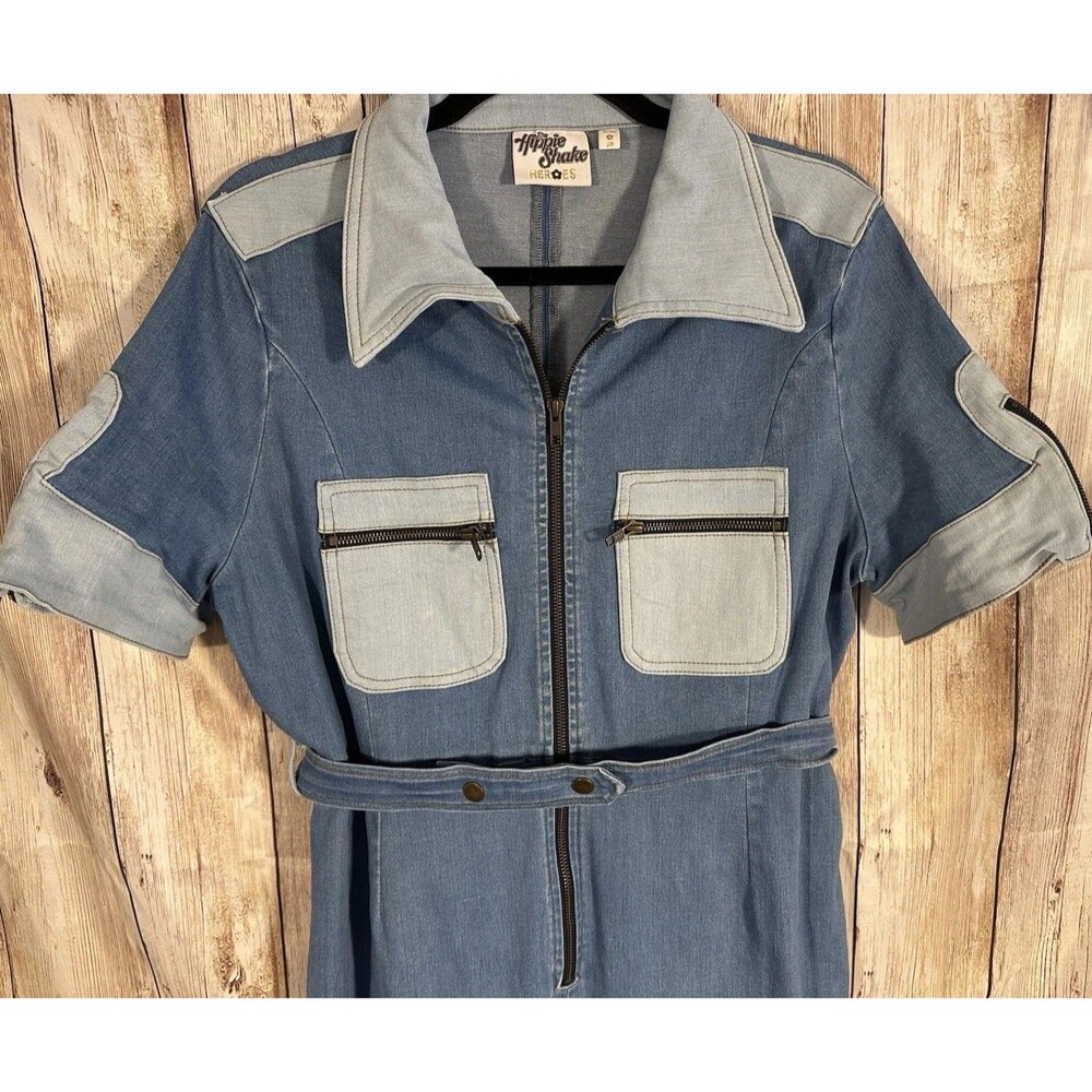 Hippie Shake Denim Jumpsuit 2XL 70s Retro Disco Wide Leg Belted Boho Chic